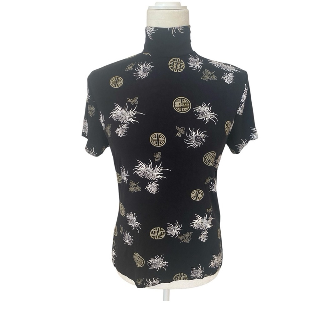 Frazier Lawrence Womens Slinky Asian Print Black Y2k Turtleneck Top Size Medium
